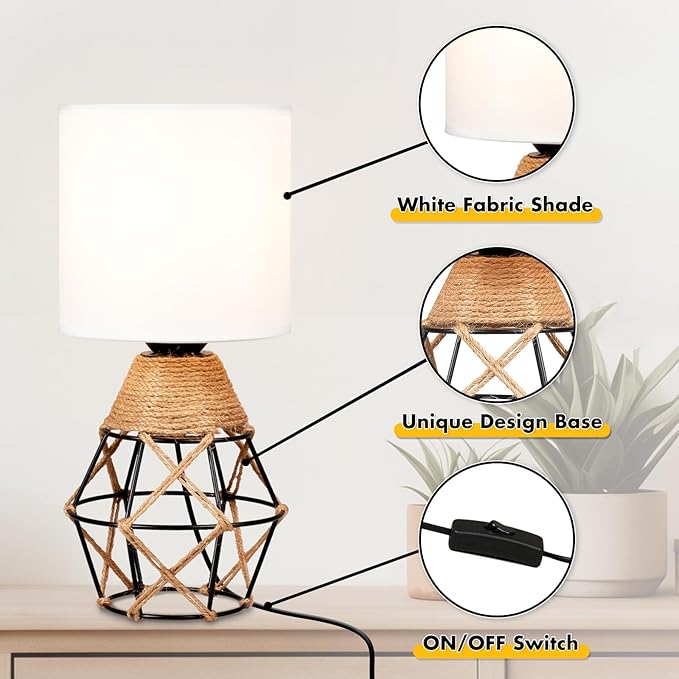 Hamilyeah Table Lamps Set of 2, Woven Nightstand Lamps With On/Off Switch, Farmhouse Bedside With White Fabric Shade, Modern Simple for Bedroom, Living Room L6.2*W6.2*H13.1inch