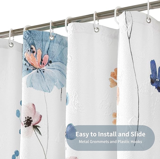 QiyI Extra Long Shower Curtain 72 x 84, Modern Watercolor Floral Shower Curtains, 3D Embossed Textured Beige Flower Cloth Bathroom Curtain, Waterproof Fabric Farmhouse Shower Curtain Set with Hooks