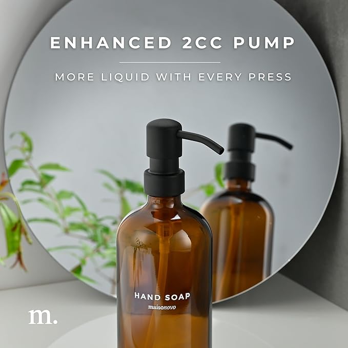 MaisoNovo Soap Dispenser 2-Piece Set | 16.9oz Amber Bottles with Black Stainless Steel Pumps
