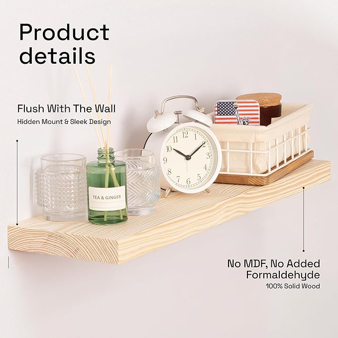 BAOBAB WORKSHOP Wood Floating Shelves for Bathroom Wall - Rustic Shelf 24 inch - Floating Wooden Shelves for Bedroom Kitchen Living Room - Natural Wood Shelves - DIY, 24 x 6.7 Inch, Set of 2