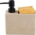 Beige Travertine Soap Dispenser with Sponge & Brush Holder – Hand & Dish Resin Soap Pump Bottle for Kitchen & Bathroom, 2-in-1 Countertop Organizer, with 2 Natural Sponges (Luxury Home Decor)