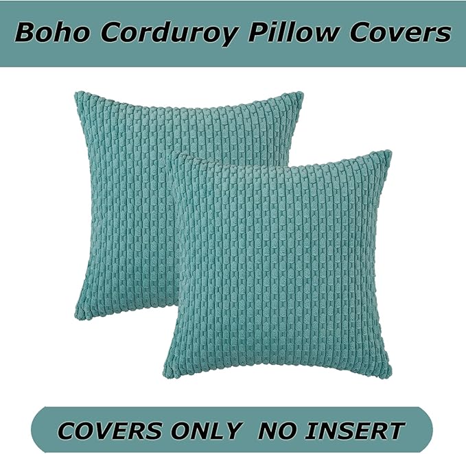 Kevin Textile Throw Pillow Covers Soft Corduroy Decorative Set of 2 Boho Striped Pillow Covers Pillowcases Farmhouse Home Decor for Couch Bed Sofa Living Room 22x22 Inch Aqua Green