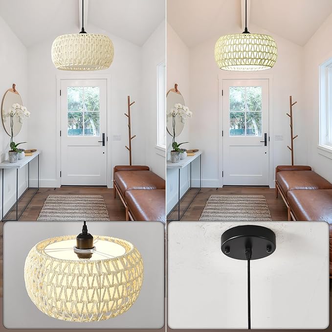 Boho Rattan Chandelier Light Fixture, 1-Lights Farmhouse Pendant Light Hand Woven Chandeliers for Dining Room with Fabric Shade Rustic Chandeliers Hanging Light Fixtures for Kitchen Island