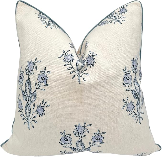 “The Mary” Periwinkle Floral Block Print Pillow Cover – Blue and Off-White Decorative Throw Pillow Cover – Grandmillennial Home Decor, 19" x 19"