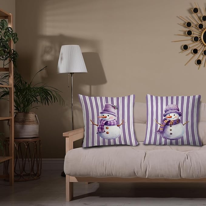 JINYO Purple Christmas Snowman Pillow Covers 18x18 Set of 2, Purple Christmas Decor, Preppy Winter Snowman Striped Throw Pillow Covers for Couch Living Room Bedroom