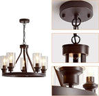 Farmhouse Chandelier Lighting Round 5 Lights Oil Rubbed Bronze with Glass Shade Ceiling Hanging Vintage Rustic Light Fixture for Dining Room Living Room Foyer Porch Kitchen Island