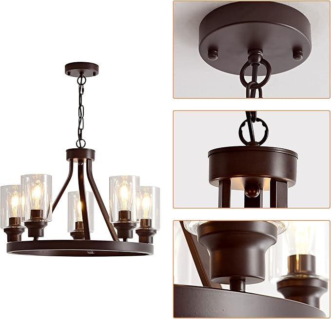 Farmhouse Chandelier Lighting Round 5 Lights Oil Rubbed Bronze with Glass Shade Ceiling Hanging Vintage Rustic Light Fixture for Dining Room Living Room Foyer Porch Kitchen Island