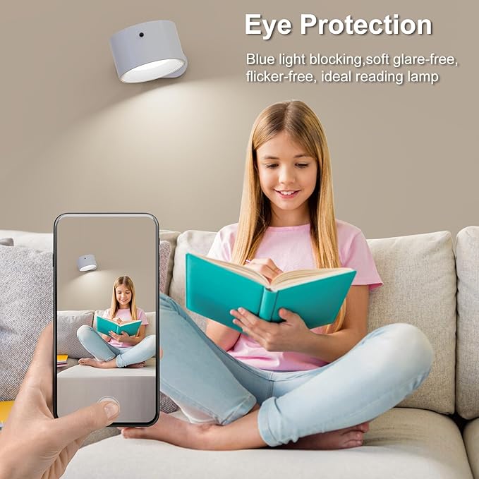 Romote LED Wall Sconce - Rechargeable Wall Light, 3 Colors & 3 Brightness Levels, 360째 Magnetic Rotating Head, Bedside Reading Lamp, Easy Install Battery Operated Lamp White Pack of 2