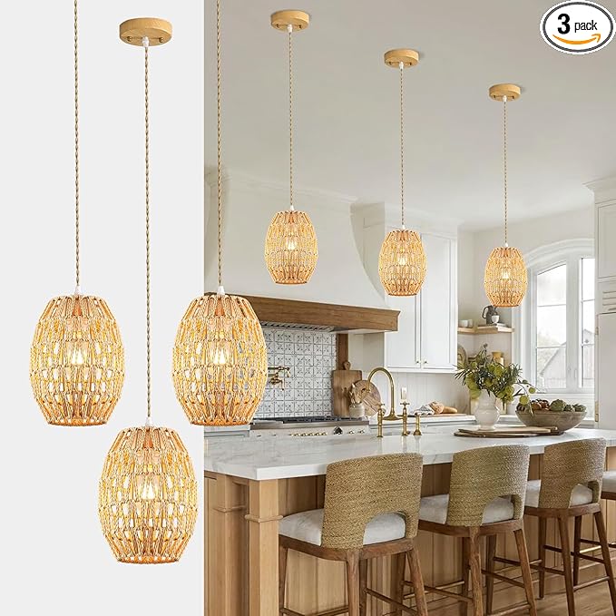 3-Light Rattan Pendant Light, Boho Chandelier Light Fixture, Small Wicker Light Fixture, Wicker Chandelier, for Bedroom Kitchen Island, ETL Listed