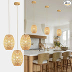3-Light Rattan Pendant Light, Boho Chandelier Light Fixture, Small Wicker Light Fixture, Wicker Chandelier, for Bedroom Kitchen Island, ETL Listed