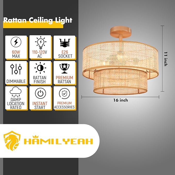 Hamilyeah Boho Ceiling Light Fixture Flush Mount Double Layer, 16 Inch Light Fixture Ceiling Mount with Wicker Shade, Woven Rattan Lights Ceiling for Living Room, Bedroom, Kitchen