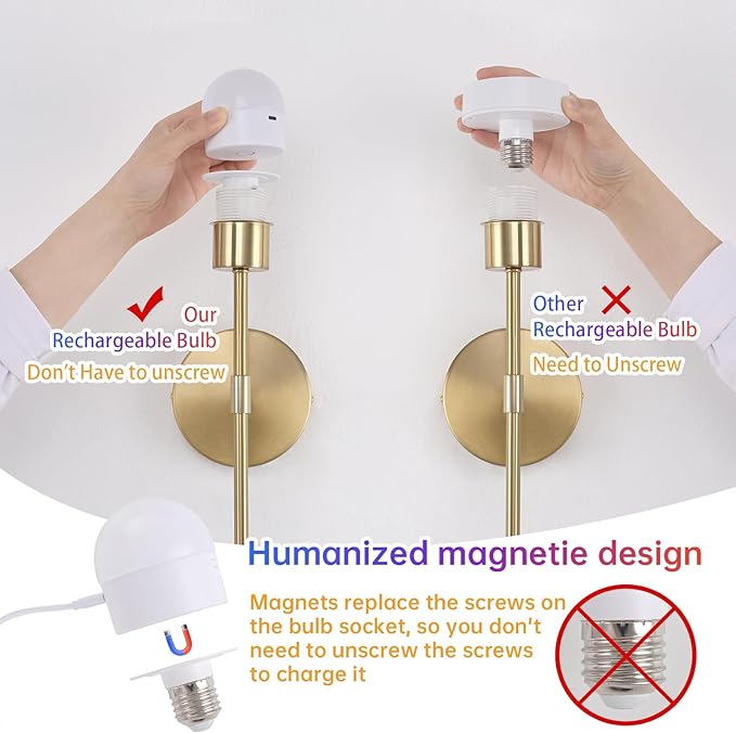 Fabric Wall Sconce Battery Operated Set of 2, Rechargeable Wall Lights with 5000mAh RGB Dimmable Bulb, 12 Colors Wall Sconces for Bedroom Living Room, Gold