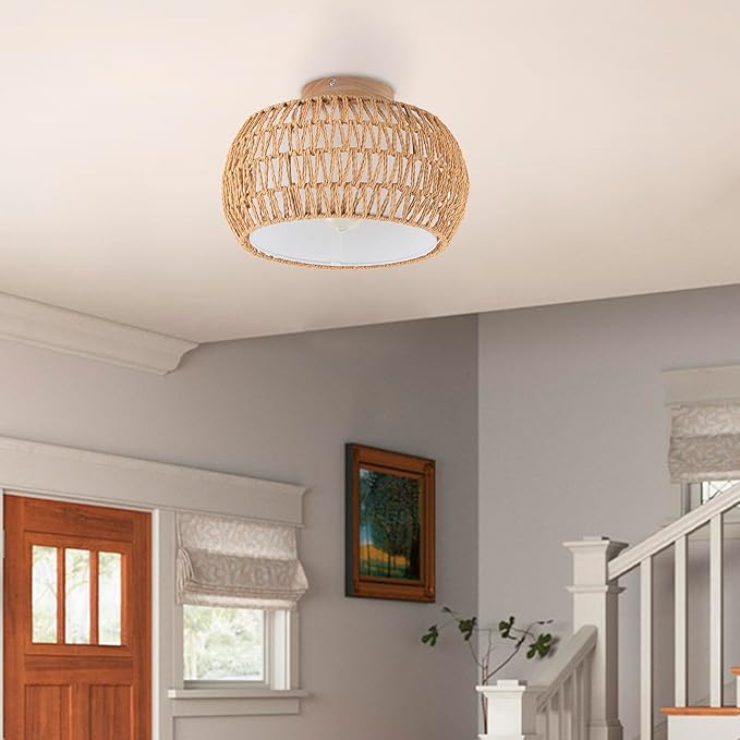 Rattan Chandelier Boho Ceiling Light Fixtures Drum Flush Mount Ceiling Light Small Woven Chandelier for Kitchen Bedroom Hallway Nursery Light Fixture