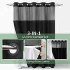 Black Long No Hook Shower Curtain with Snap-in Fabric Liner Set,Slub Textured Fabric Shower Curtains for Bathroom,Hotel Style Modern Shower Curtain,Water Repellent & Washable,71x80(78)