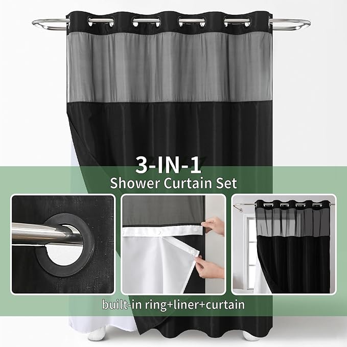Black Long No Hook Shower Curtain with Snap-in Fabric Liner Set,Slub Textured Fabric Shower Curtains for Bathroom,Hotel Style Modern Shower Curtain,Water Repellent & Washable,71x80(78)