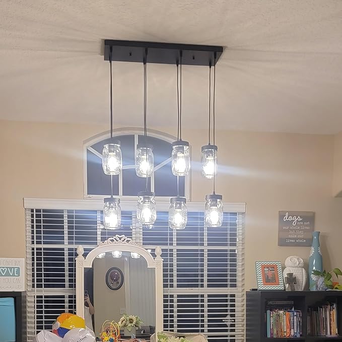 Wellmet 8-Light Mason Jar Chandelier for Dining Room, Farmhouse Rustic Linear Cluster Pendant Light Fixture for Living Room, Kitchen Island Lighting, Matte Black Finish with Glass Shades
