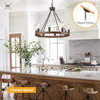 Farmhouse Wagon Wheel Chandelier 23.6" Black Rustic Light Fixtures 8-Light Wood Round Chandelier for Dining Room Kitchen Entryway Foyer
