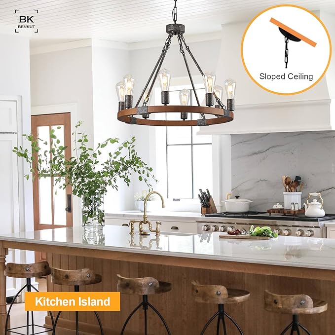 Farmhouse Wagon Wheel Chandelier 23.6" Black Rustic Light Fixtures 8-Light Wood Round Chandelier for Dining Room Kitchen Entryway Foyer