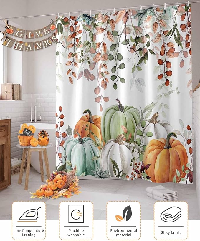 Fall Thanksgiving Shower Curtain, Autumn Pumpkins Eucalyptus Leaves Shower Curtains Set with Hooks, Blue Sage Green Orange Waterproof Fabric Bathroom Curtains Decor Home Accessories,Stall 48 X 72 Inch