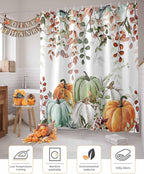 Fall Thanksgiving Shower Curtain, Autumn Pumpkins Eucalyptus Leaves Shower Curtains Set with Hooks, Blue Sage Green Orange Waterproof Fabric Bathroom Curtains Decor Accessories,72 X 84 Inch Extra Long