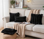 Faux Fur Plush Throw Pillow Covers 18x18 Inch Set of 2 - Luxury Decorative Fuzzy Striped Soft Cozy Pillowcase for Couch, Sofa, Living Room - Black