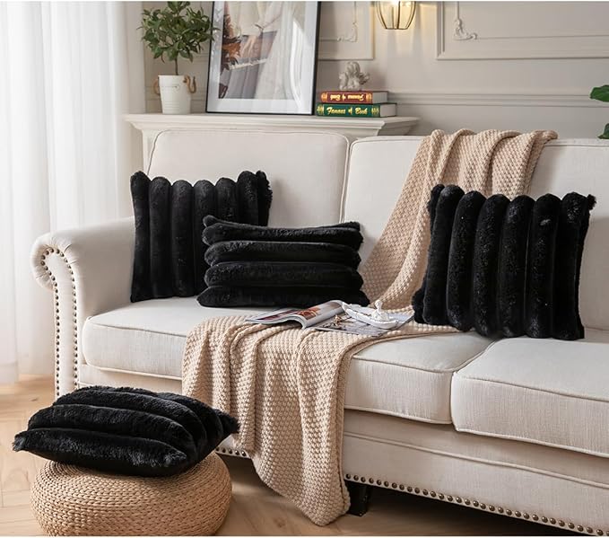 Faux Fur Plush Throw Pillow Covers 16x16 Inch Set of 2 - Luxury Decorative Fuzzy Striped Soft Cozy Pillowcase for Couch, Sofa, Living Room - Black