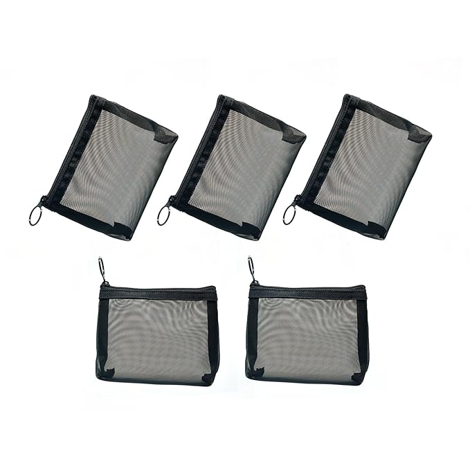 patu Widened Mini Zipper Mesh Bags, Size S, 5" x 4" x 2", 5 Pieces, Beauty Makeup Lipstick Cosmetic Accessories Organizer, Small Travel Kit Storage Pouch, Black