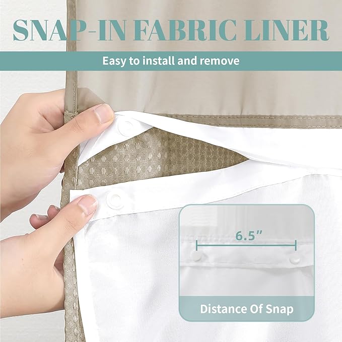 Khaki No Hook Waffle Weave Shower Curtain with snap-in Liner Replacement, 230GSM Waterproof Fabric Hotel Shower Curtain Set for Bathroom, Through Mesh Top Window,71Wx86H