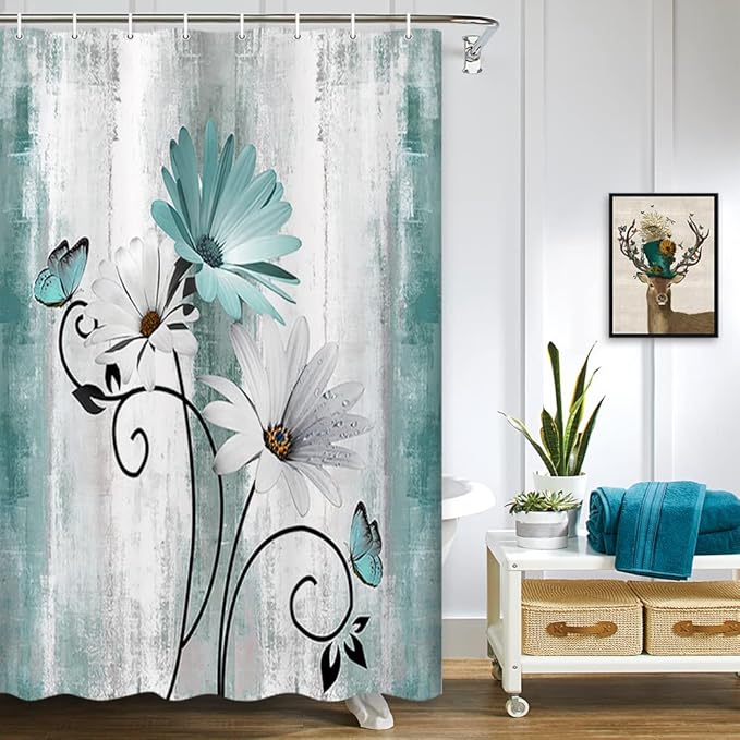 Rustic Farmhouse Shower Curtain, Farm Teal Daisy Floral Flowers and Butterfly on Country Wooden Shower Curtain for Bathroom, Turquoise Blue Bathroom Shower Curtains with 6PCS Hooks, 36X70IN