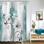 Rustic Farmhouse Happy Campers Shower Curtain, Farm Teal Daisy Floral Flowers Butterfly on Country Wooden Shower Curtain for Bathroom, Turquoise Blue Bathroom RV Camping Shower Curtains, 47X64IN