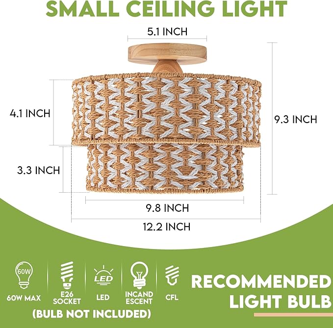 Boho Light Fixtures 2-Tone Rattan Ceiling Light Handwoven Drum Lamp Shade Flush Mount Ceiling Light Wooden Canopy Small Chandelier for Hallway Entryway Bedroom Kitchen Nursery Lights