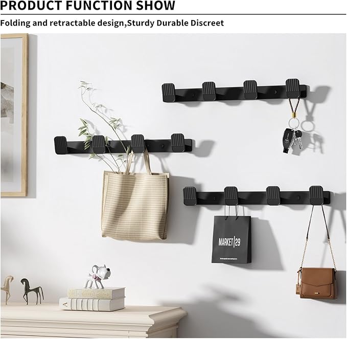 Coat Rack Wall Mount Coat Hooks - Black Hook Rack with 4 Hooks Aluminum Wall Rack Hooks for Hanging Coat Hat Bag Towel Hanger Rustproof Coat Holder