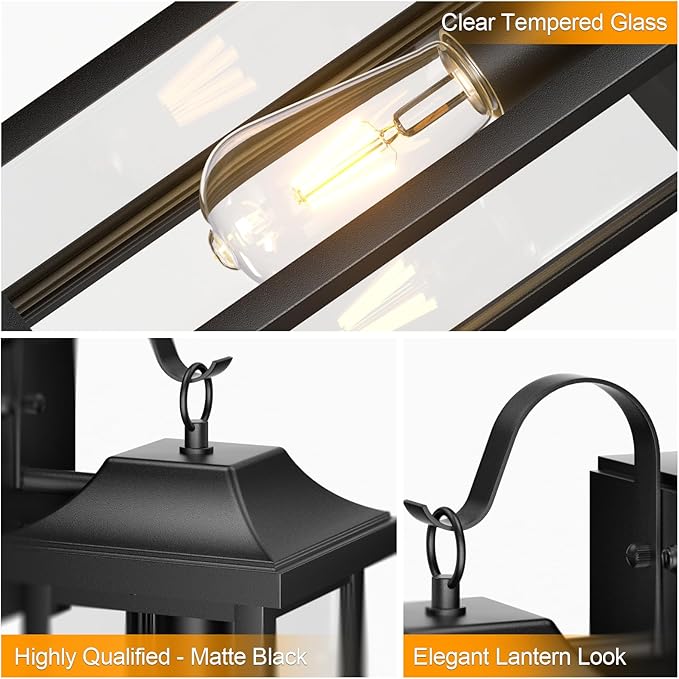 17 Inch Dusk to Dawn Outdoor Lighting with GFCI Outlet, Large Porch Light Lantern Plug Outlet Modern Black Outdoor Sconce Lighting, IP65 Waterproof Outside Light Wall Mounted Coach Light