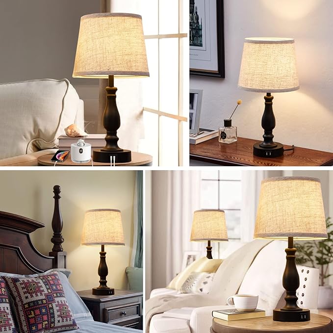 Table Lamps Set of 2, Bedside Nightstand Lamps with USB Charging Ports, 3 Way Dimmable Touch with Linen Fabric Lampshade, Modern Small Lamp for Bedrooms, Living Room (Bulbs Included)