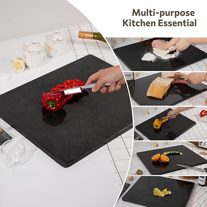 Natural Black Marble Cutting Board For Kitchen, 16 x 20 Inch Marble Slab Granite Cutting Board With Non-Slip Feet For Baking, Cheese, Chocolate, Black Granite
