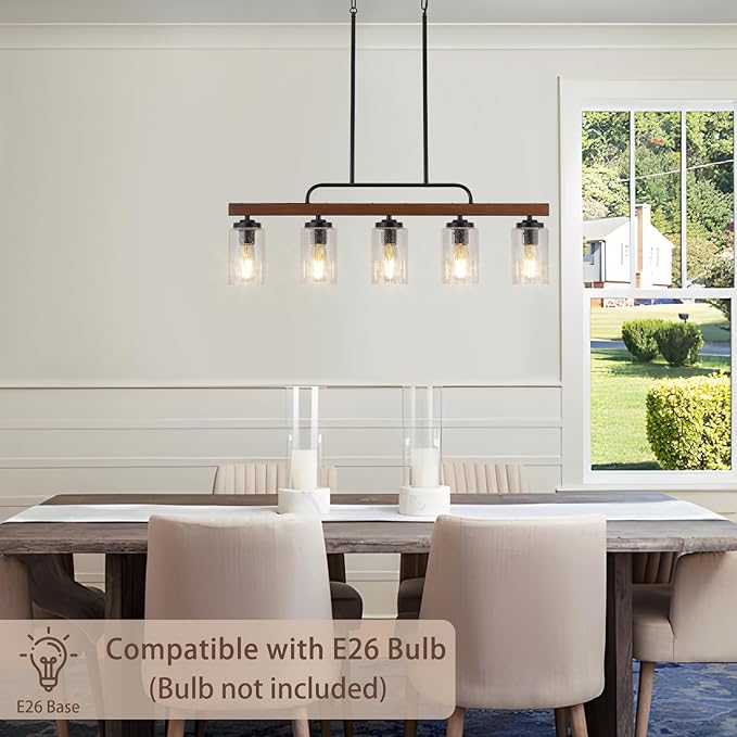 Farmhouse Chandelier 5-Light Dining Room Light Fixture Over Table Kitchen Island Lighting Rustic Chandeliers for Dining Light with Seeded Glass Shade Wood Pendant Lights Kitchen Island
