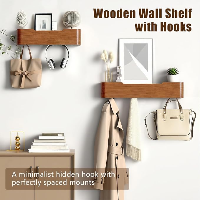 Coat Hooks Wall Mount with Shelf, 5 Hidden Hooks, 20.75 Inch Entryway Organizer for Coats, Hats, Bags, Keys, Decorative Wall Hooks (Brown, 5 Hooks)