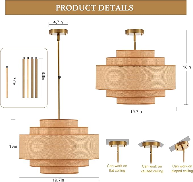 Farmhouse 19.7" Drum Rattan Chandelier 4-Lights Vintage Boho Rattan Chandelier Retro Vintage Bamboo Drum Chandeliers for Dining Room, Kitchen Island, Living Room, Bedroom