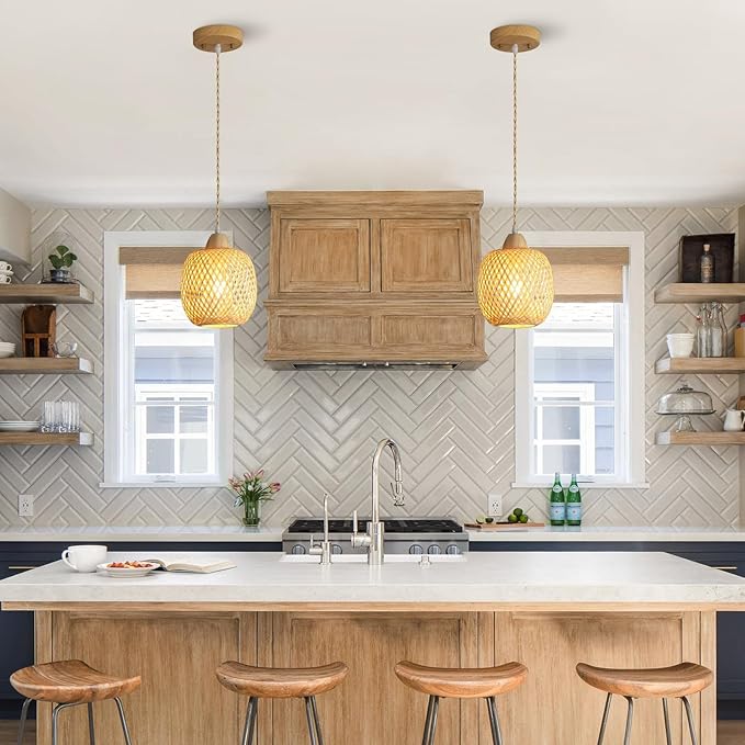 Bamboo Pendant Light Fixture, 1-Light Handmade Woven Pendant Lighting, with Adjustable Rustic Basket, for Kitchen Island Farmhouse Dining Room Living Room, ETL Listed