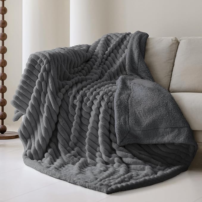 MOSAYT Throw Blanket for Couch Or Bed, Super Soft Faux Rabbit Fur Lamb Hair Blanket, Elegant Ruched Design Fleece Blanket, Grey Cozy Blanket for Couch, Sofa and Bed(50x60 Inch)