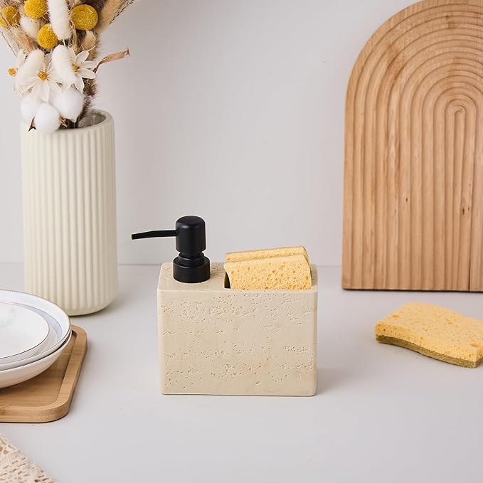 Beige Travertine Soap Dispenser with Sponge & Brush Holder – Hand & Dish Resin Soap Pump Bottle for Kitchen & Bathroom, 2-in-1 Countertop Organizer, with 2 Natural Sponges (Luxury Home Decor)