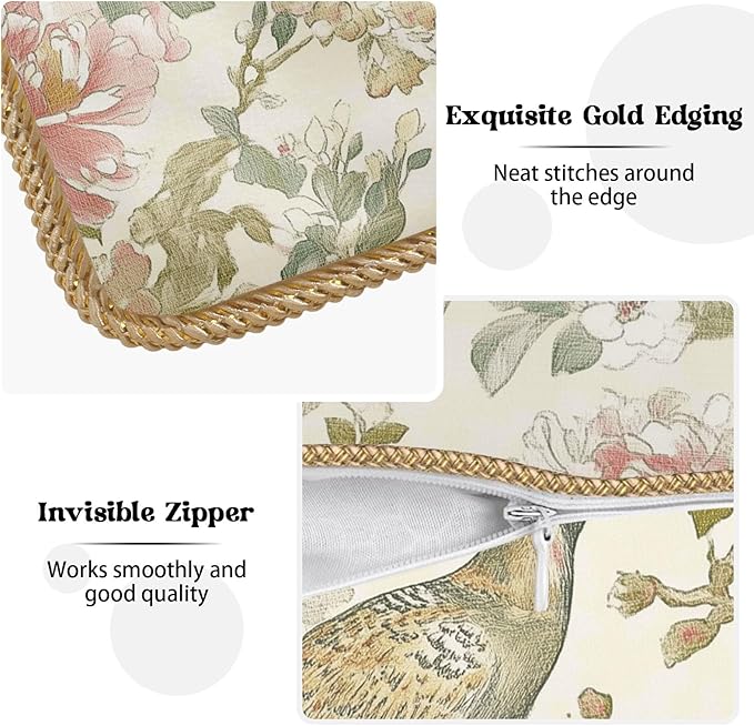 Vintage Bird Floral Soft Velvet Throw Pillow Covers Set of 2 Cream Chinoiserie Flowers Leaves Decorative Pillow Covers 20x20 Inch Retro Farmhouse Pillow Case With Gold Trim For Sofa Couch Home Decor