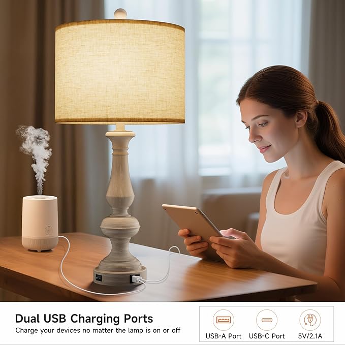 26" Farmhouse Resin Table Lamp for Bedroom Set of 2, Retro Bedside Lamps for Nightstand with USB C+A Ports, 3 Color Temperature Desk Lamp, Vintage Table Lamps for Living Room (2 Bulbs Included)