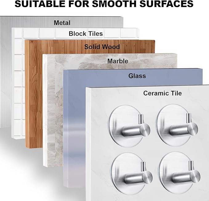 Towel Hooks for Bathroom (4 Pack) Adhesive Towel Hook Shower Hooks for Inside Shower - Sticky Bathroom Wall Hooks for Hanging Towels, Robe, Loofah, Bath Sponge - Brushed Nickel Towel Hooks