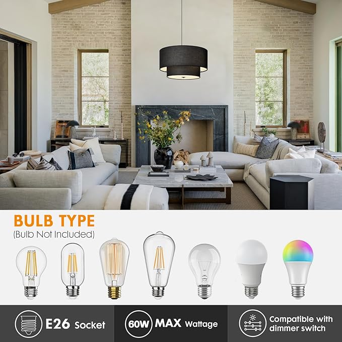 18" Drum Black Pendant Light, Large Modern Hanging Ceiling Chandelier Fixture with Dual Layer Linen Shade, Ideal for Dining Room, Living Room, Bedroom, and Kitchen