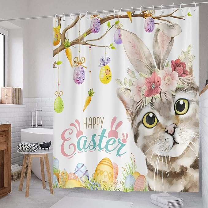 Happy Easter Bunny Cat Shower Curtain Spring Easter Eggs Shower Curtains for Bathroom Waterproof Polyester Fabric Bathroom Curtain 72 x 72 Inch with 12 Plastic Hooks