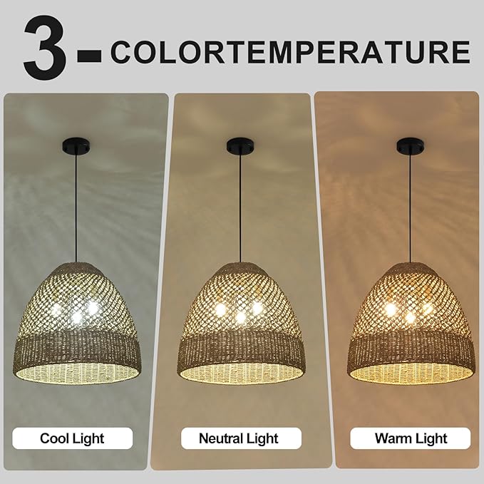 18.9" Large Rattan Chandelier,Boho 3-Lights Wicker Hand-Woven Farmhouse Seagrass Ceiling Hanging Pendant Lighting for Kitchen Islands Dining Rooms,