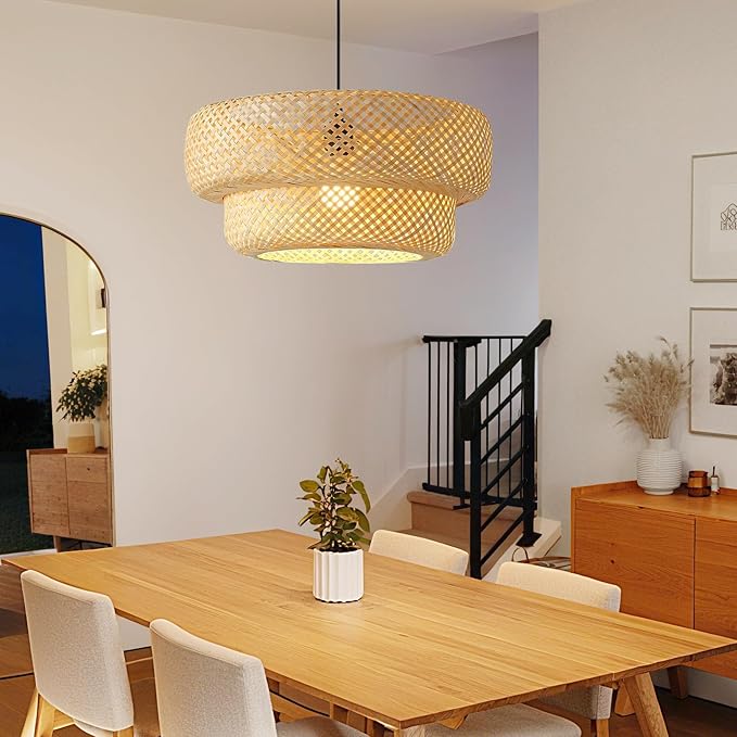 Bamboo Pendant Light, 18inch Hand-Woven Wicker Rattan Bamboo Chandelier, 2-Tier Beige Boho Rustic Island Dining Ceiling Hanging Light for Living Room, Kitchen, Farmhouse, Bedroom