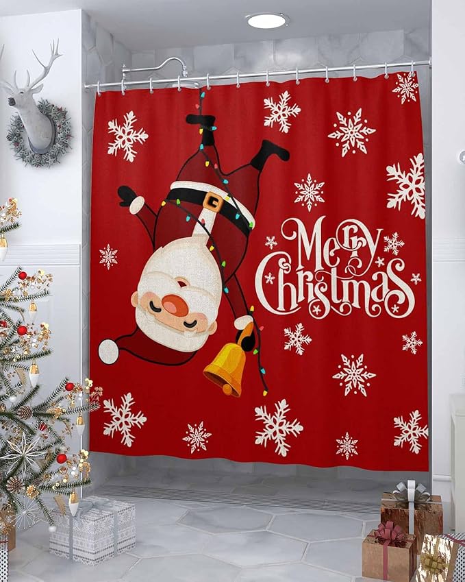 Red Merry Christmas Shower Curtain, Funny Hanging Santa Shower Curtains Set with Hooks, Snow Winter Holiday Waterproof Fabric Bathroom Curtains Decor Home Accessories,72X 96 Inch Extra Long