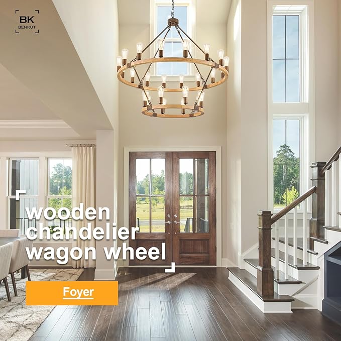 Farmhouse Wagon Wheel Chandelier 43" Wooden Rustic Chandelier 24-Light 2 Tier Extra Large Pendant Light Fixture Round Chandeliers for High Ceiling Foyer Living Room Porch